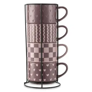 Thyme & Table 4 Pack Stacking Mugs, Purple Hearts, Purple Checkered and Purple Squiggles 11.1 fl oz, Stoneware Drinkware Metal Set Stylish
