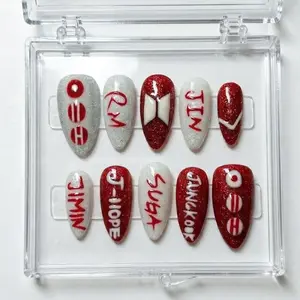 Sarahmarket Red Glitter Idol Name Press-On Nails, Hand-Painted Lettering & Glossy Sparkle Finish, Bold Cherry Tones, Fan Inspired Nail Art, Statement Concert Vibes, Trendy Handmade Set for Stylish Looks