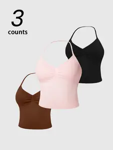 3-Pack Plain V-Neck Sleeveless Backless Crop Top, Detachable Padded Design, Sporty Vest for Running, Yoga, Daily Wear