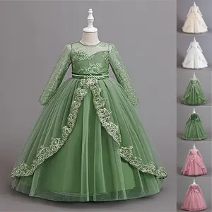 3-9Y Avocado Kids Clothes Embroidered 2301 Princess Long Sleeve Ball Gown Frock Children Formal Evening Party Banquet Pageant Prom Host Cocktail Dress White Flower Girls