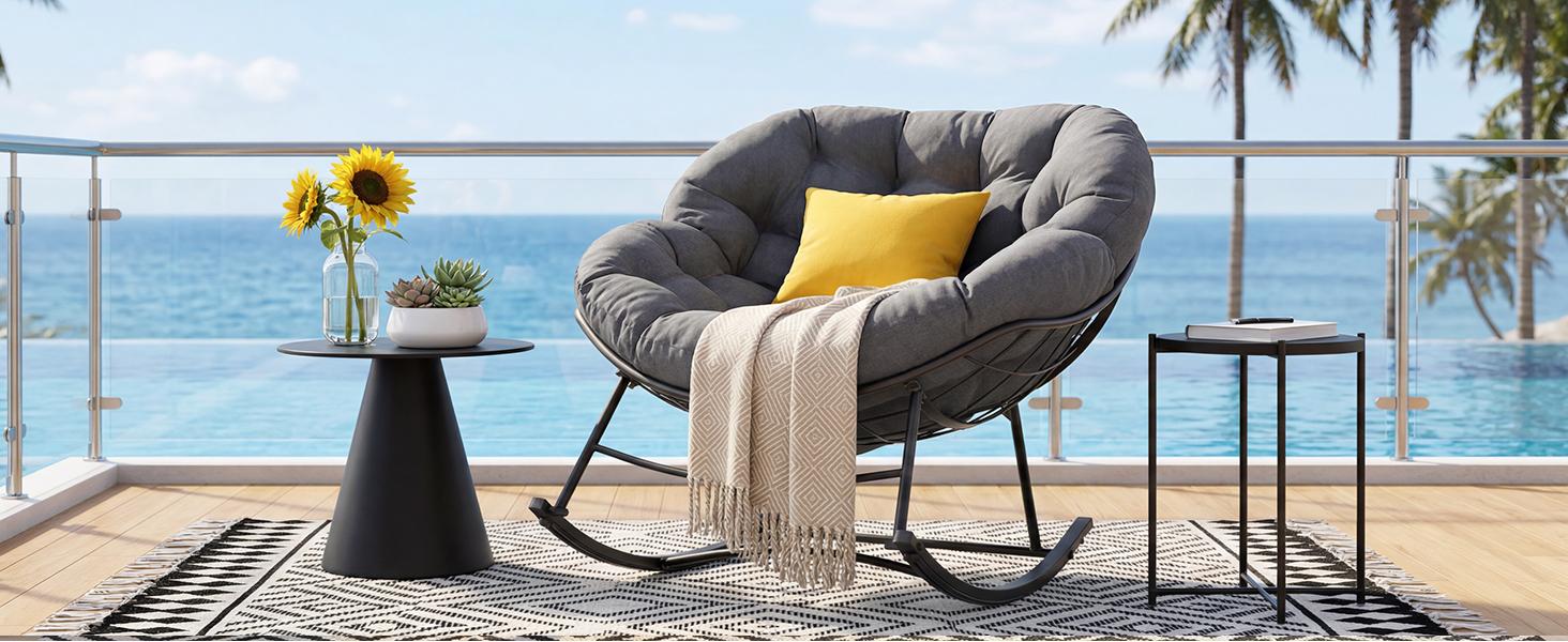 【New】Heavy Duty Outdoor Rocking Chair with Cushion, Oversized Egg Lounge, 450 Lbs All-Weather Glider for Patio, Garden, Living Room