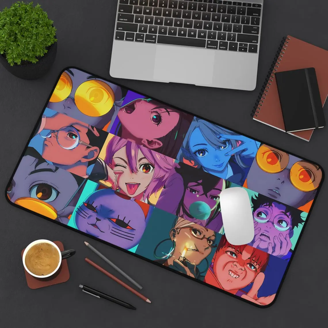 Dandadan Anime Desk Mat, Momo Okarun Mouse Pad Large, Cyberpunk Pop Art Deskpad, Neon Colorful Gaming Mat, Grid Character Computer Pad
