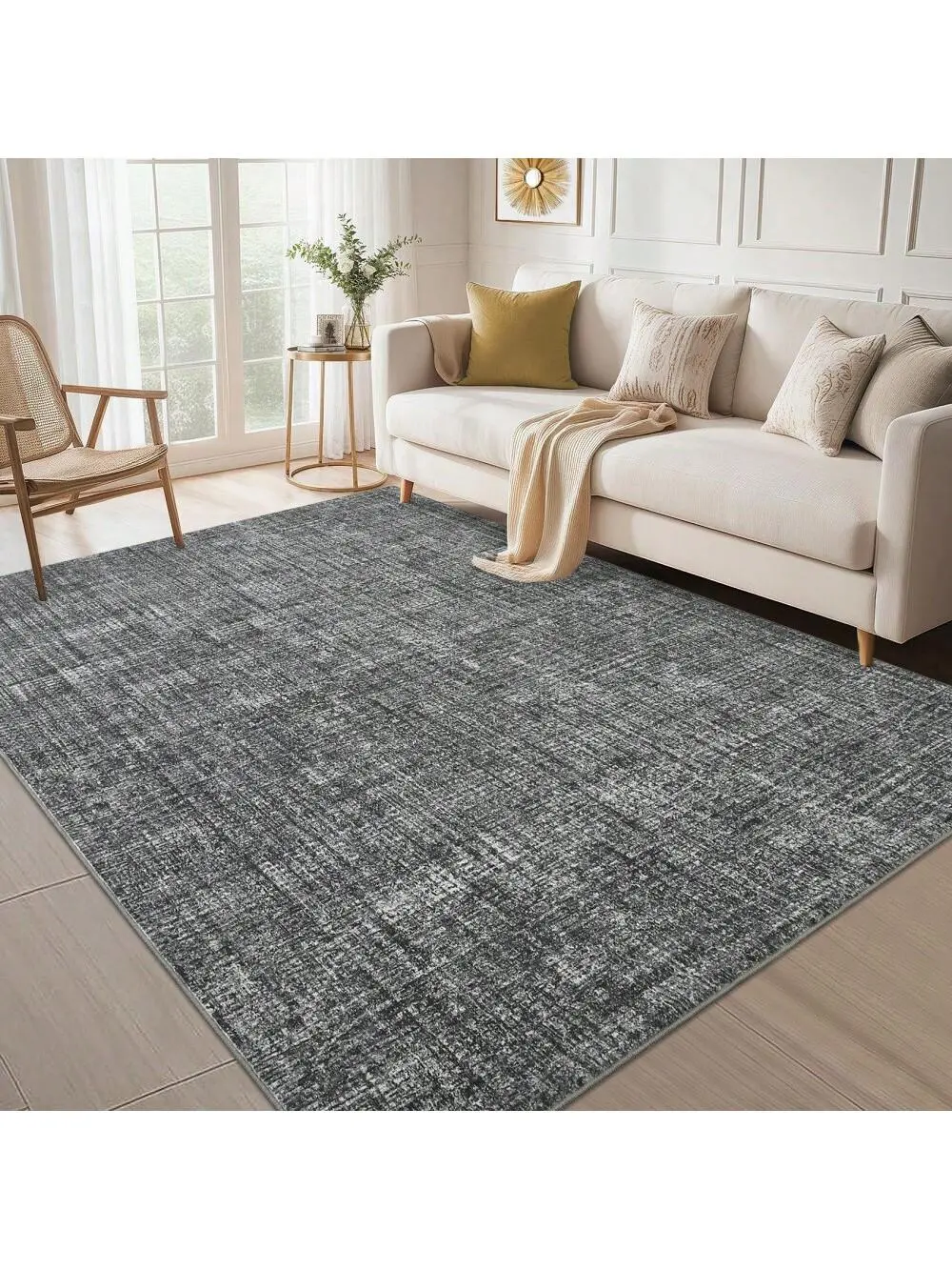 Dark gray-5*7 feet Machine Washable Area Rug Non Slip Non Shedding Modern Abstract Large Bedroom Carpet Stain Resistant Ultra Thin Soft Pet Friendly Contemporary Solid Throw Floor Mat For Living Room Bedroom Dining Room Home Office, Living Room Decor