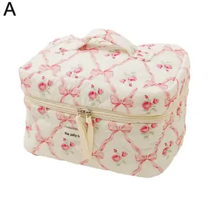 Cute Bow Flower Quilting Cotton Makeup Bag Women Zipper Cosmetic Organizer Floral Puffy Quilted Makeup Bag Travel Cosmetic Bag Does not apply Does not apply
