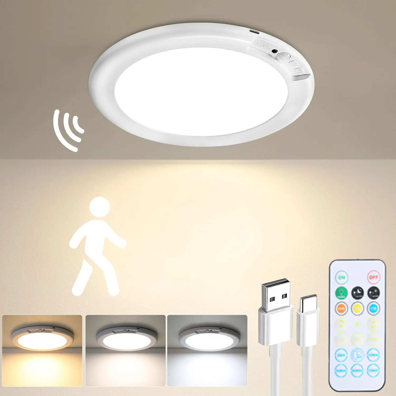 Motion Sensor Ceiling Light Rechargeable-3 Adjustable Color Temperatures,Ultra Thin 400 LM Magnetic Suction Wireless lights for Porch Patio ect Closet ShowerStairs Shed Hallway,for Bedroom Indoor Color Changing
