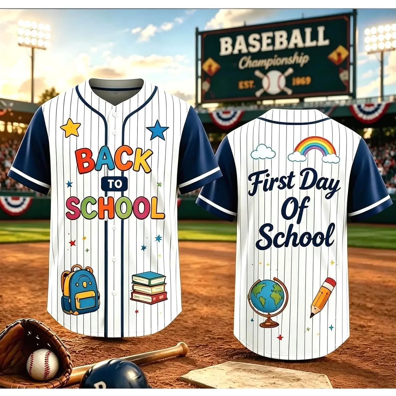 Multi-Color Contrast Sleeve Vertical Pinstripe Baseball Jersey,Unisex Pinstripe Button Up Baseball Jersey, School Stationery Graphic Short Sleeve Shirt, Loose Fit Top For Adults & Teens Back To School Outfit