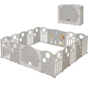 Baby Playpen, 18-Panel Foldable Elephant Play Pen for Babies and Toddlers, Indoor Outdoor Baby Fence with Sensory Play Panel, Adjustable Shape Activity Play Center, Portable & Easy Assemble