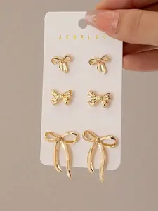 3 Pairs Golden Color Bow Stud Earrings Set, Bowknot Earrings for Women, Fashion Jewelry, Bow Accessories, Elegant and Stylish Design