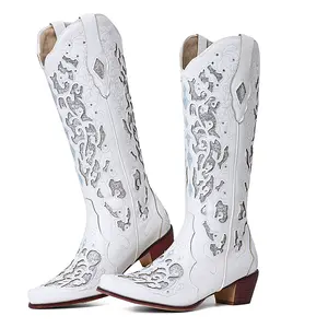 CELNEPHO Women Cowboy Boots Glitter Rhinestones Embroidery Pointed Toe Block Heel Cowgirl White Chicks Boots Western Mid Calf Country Wedding Boots Valentine Gifts Dress Shoes