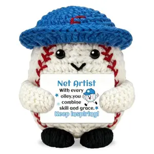 Handmade Crochet Baseball Plush Toy with Blue Cap Knitted Sports Doll Positive Encouragement Gift Cute Amigurumi Desk Decor Motivational Ornament for Home Office Room Display Shopping Mall Decoration