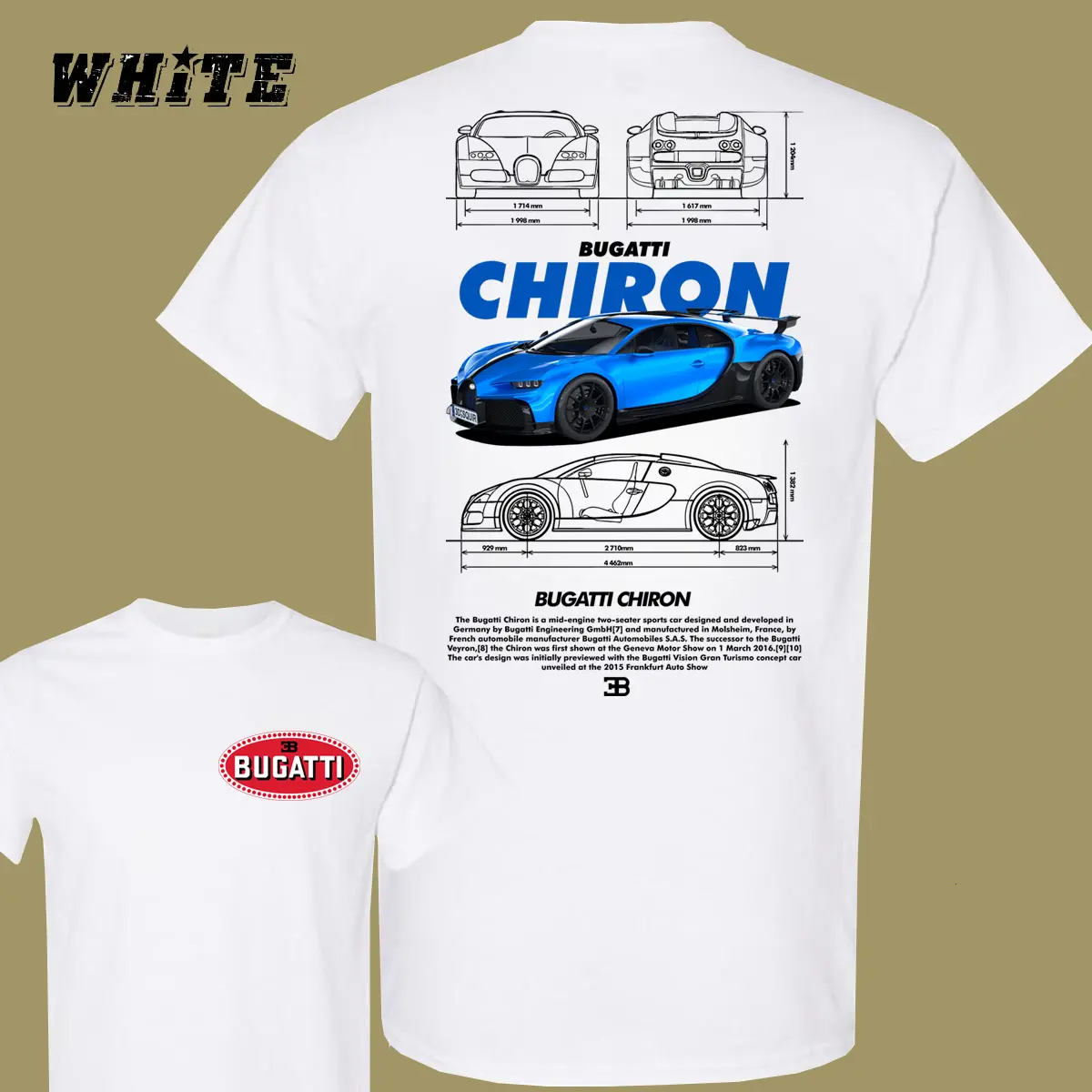 Bugatti Chiron Hypercar T-Shirt,French Supercar Blueprint Tee, Bugatti Macaron Logo Graphic Shirt, W16 Engine Car Enthusiast Gift, White Tshirt