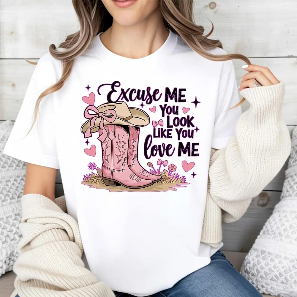 Western Style Women's T-Shirt With Pink Cowboy Boots And Hat Design Featuring The Phrase Excuse Me You Look Like You Love Me Perfect For Casual Wear In Spring And Fall Ideal Gift For Cowgirl Lovers And Country Music Fans