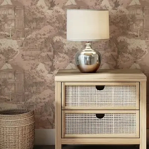 Vintage French Toile Wallpaper - Romantic Manor Scene in Blush Pink