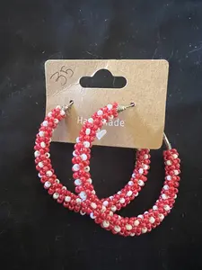 Native American Beaded Hoops Handmade Red & White Bead Earrings for Female