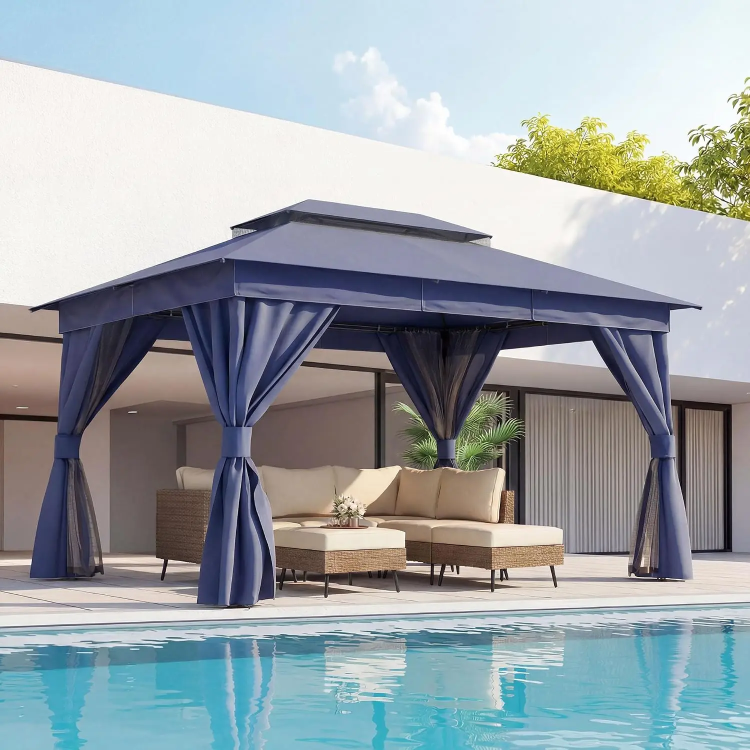 LAUSAINT HOME Gazebo 10x13ft, Heavy Duty Patio Gazebo with Expansion Bolts, Party Canopy Tent with Double Roofs, Mosquito Nettings and Privacy Screens for Backyard, Garden, Lawn, Navy Blue