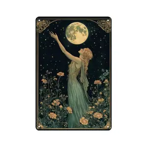 Retro Moon Goddess Aluminum Sign, Weatherproof 12"x8" Celestial Wall Art, Easy Hang Decor for Bedrooms & Boho Spaces