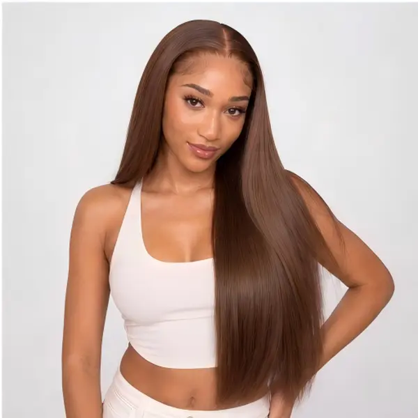 Shewell 4# Brown 13*4 Front Lace Straight Human Hair Wig for Black Women  Drawstring Design  180 Density Pre-Plucked