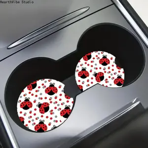 2Pcs Cute Ladybug Car Coasters, Red & Black Beetle Non-Slip Silicone Cup Holder Mat, Universal Aesthetic Vehicle Interior Accessories, Spring Gift for Women Girls