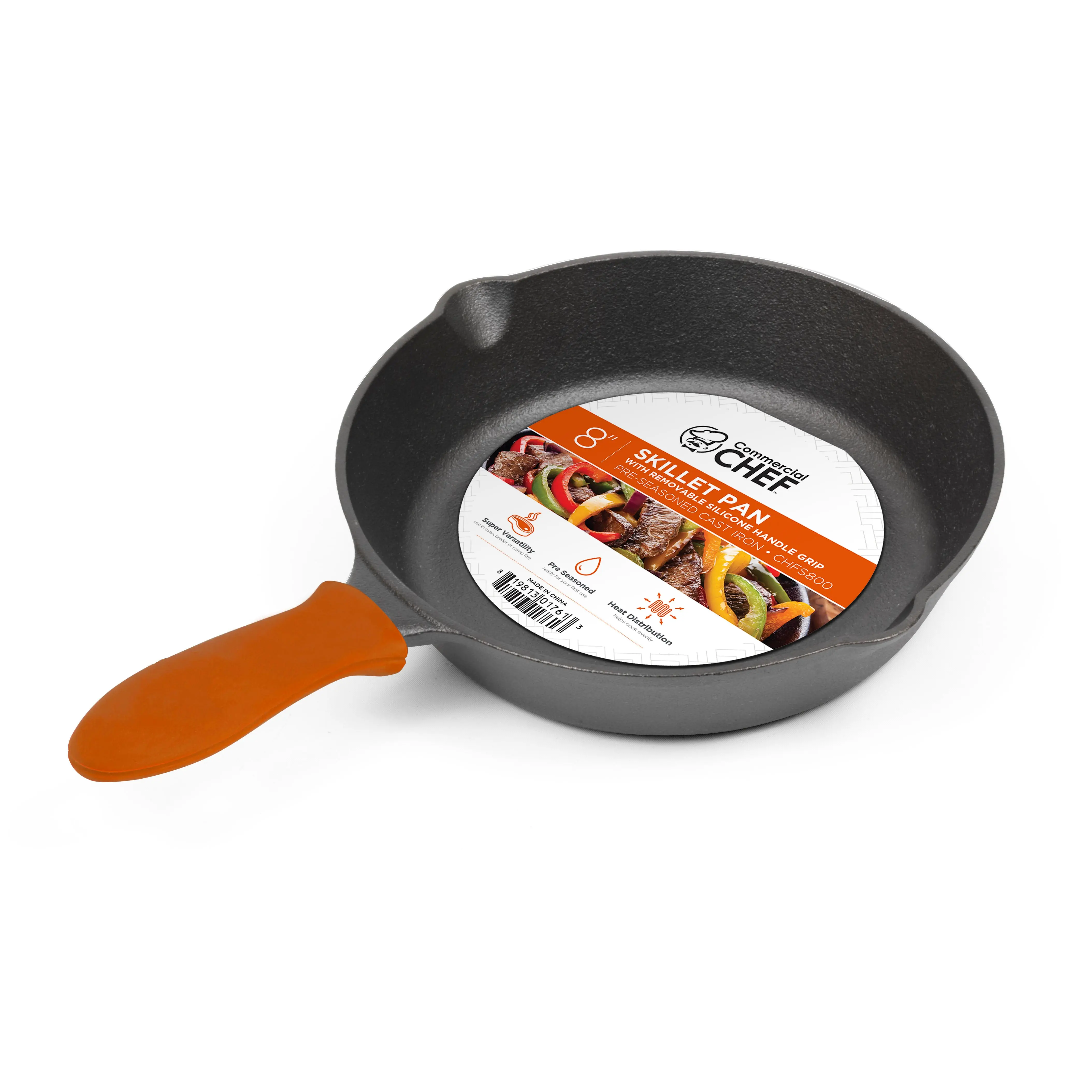 Commercial Chef 8-Inch Pre-Seasoned Cast Iron Skillet Cookware, Oil-Ready, Silicon-Free Handle with Integrated Hanging Hole, Pour Spout, Works on All Cooktops Including Induction, Indoor & Outdoor Use for Campfires/Grills, CHFS800