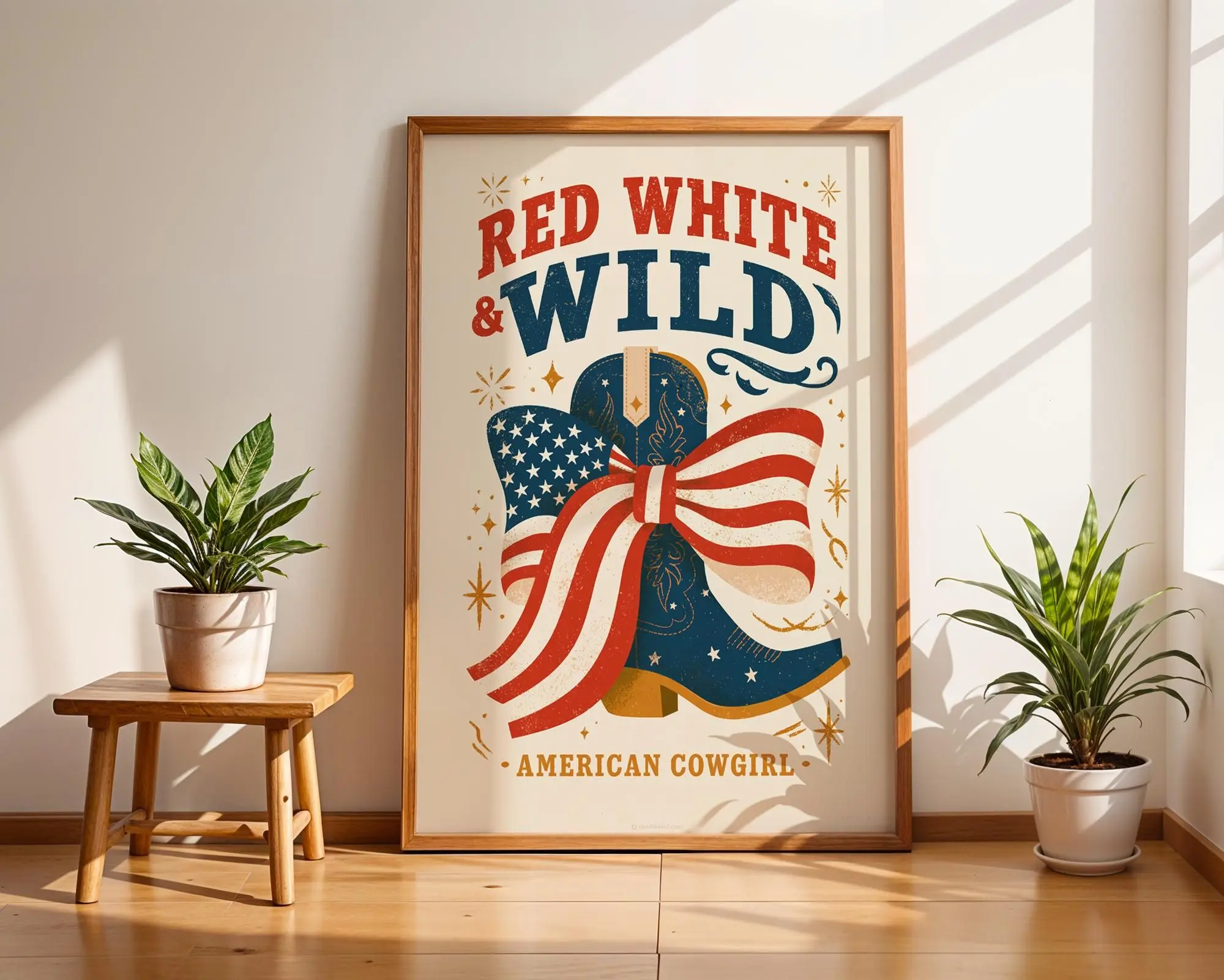 [SALE UP TO 40%] [Unframed] Red White & Wild American Cowgirl Art Print, Patriotic Western Wall Art, USA Flag Cowboy Boot Poster, 4th of July Decor, Country Quote Gift