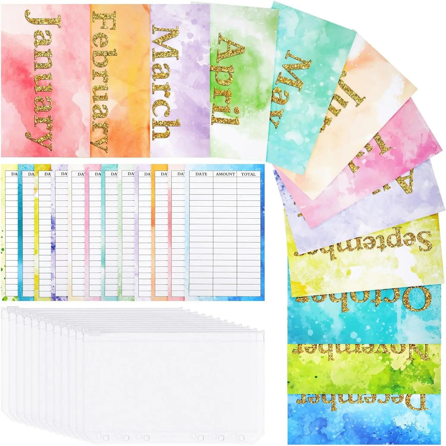 12 count PVC A6 Binder Pockets & 12 count Monthly Expense  Budget Sheets, Clear Zipper  Envelopes for Budgeting, 6 Hole Planner Binder Insert for  Saving Challenge Stuffing, Gradient