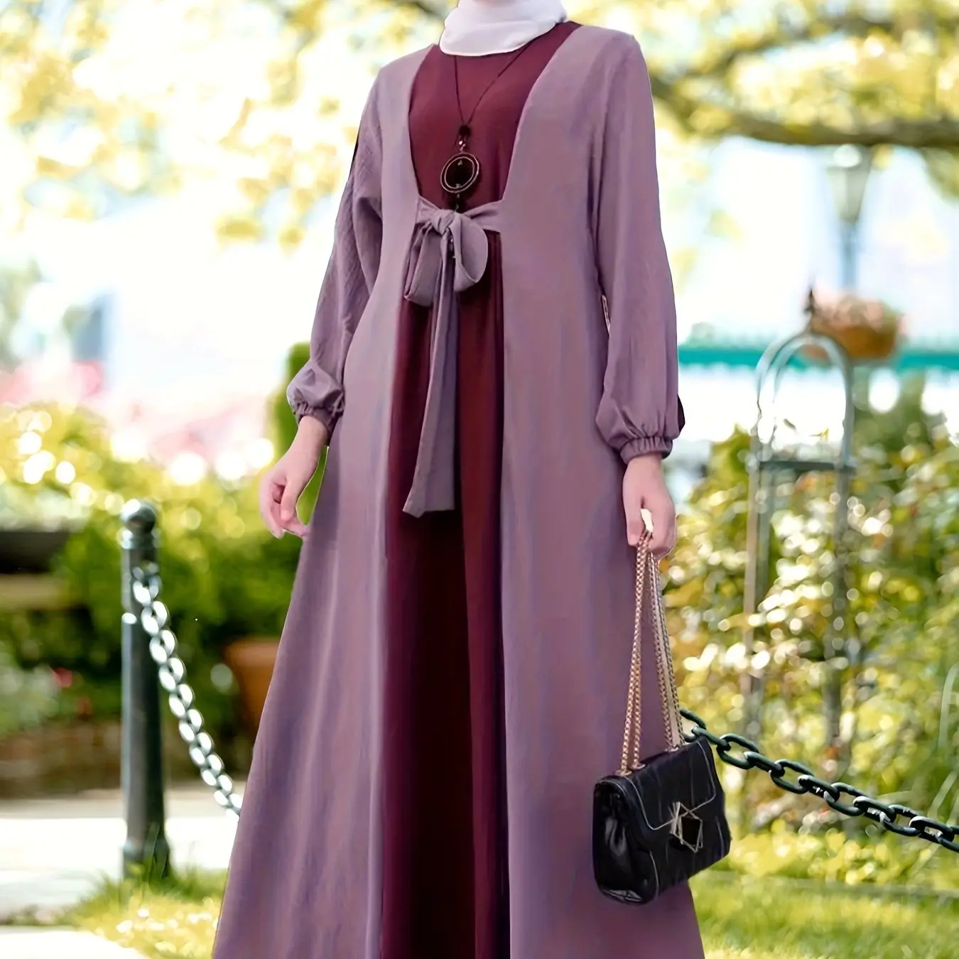 Middle Eastern Casual Long Dress Muslim Ramadan Color-Contrast Waistband Tuck-in Headed Elegant Outing Dress Abaya (without Headscarf)