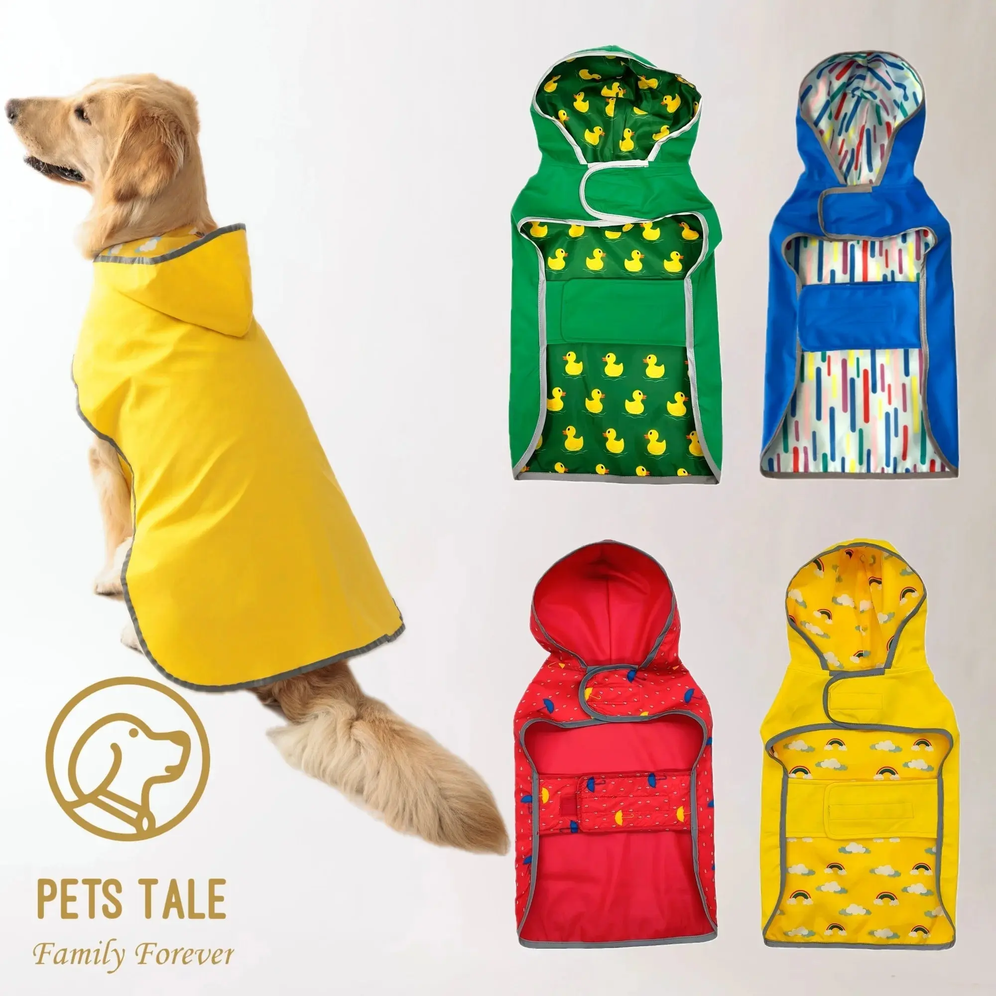 Dog Reversible Double-Layer Waterproof Raincoat with Reflective Trim, Full Protection, Leash Access D-Ring Hole, Fun Interior Pattern - Universal All-Seasons for Walking/Hiking, XS-5XL