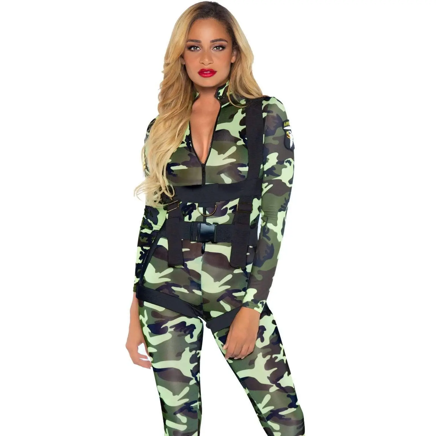 Women's Military Camo Paratrooper Costume, Halloween Jumpsuit-Bodysuit, Costume Ideas, Accessories, Sexy, Zipper, Buckle, Halloween Ideas, Hand Wash, Fitted, High Neck, Clothes, Running Drills, Cosplay Gear, Full Length, Body Hugger