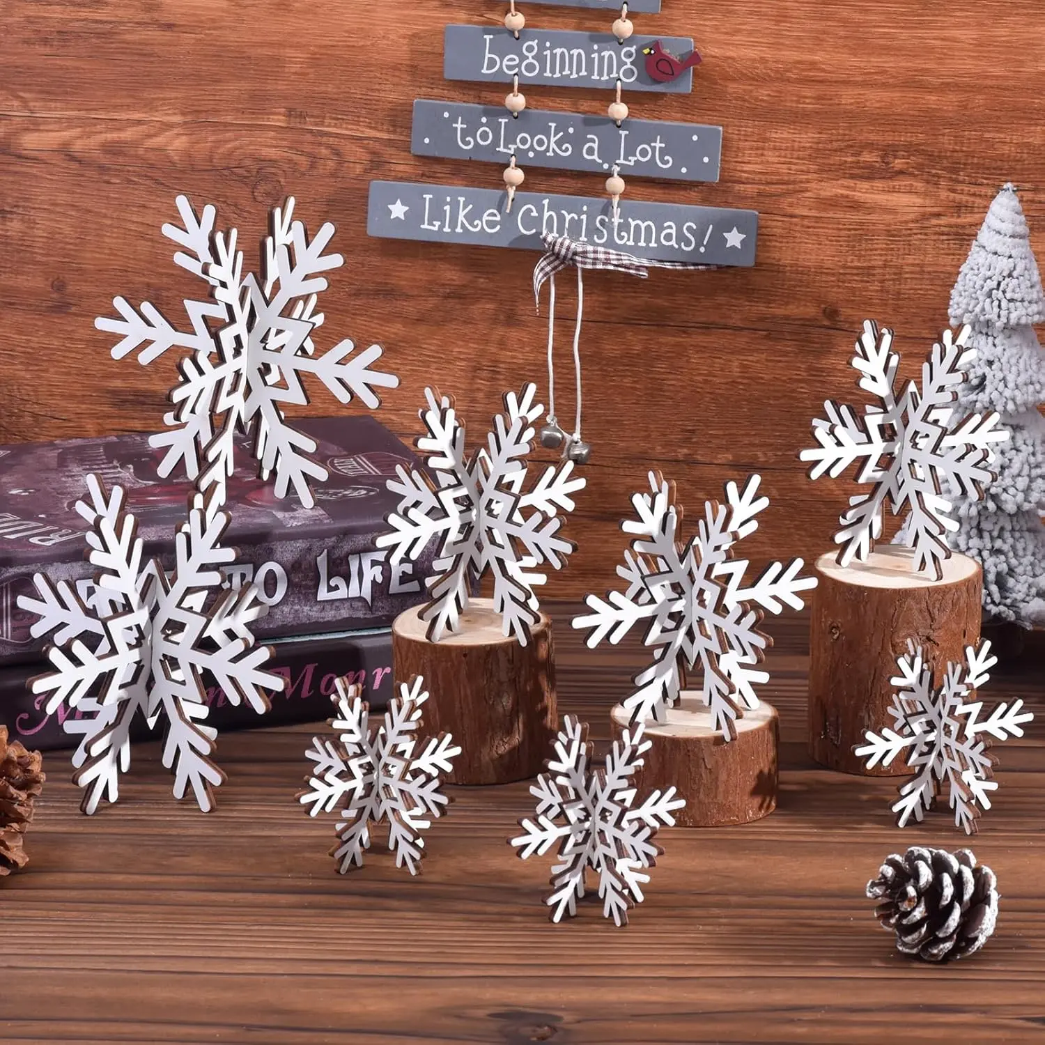 16 Pcs 3D Snowflake Christmas Table Decorations, Wooden White Winter Snowflake Christmas Decor Tabletop Centerpiece Signs for Xmas Festival Home Party Decoration (3 Sizes)