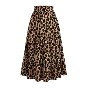 Plus-size leopard print maxi skirt, perfect for vacations; women’s high-waisted fitted A-line hem dress; casual woven fashion clothing