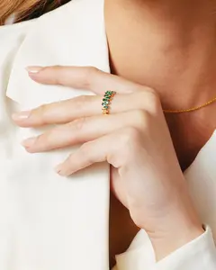 Emerald Green CZ Baguette Ring, Adjustable Open Band in Gold or Silver, Trendy Stacking Statement Ring for Women