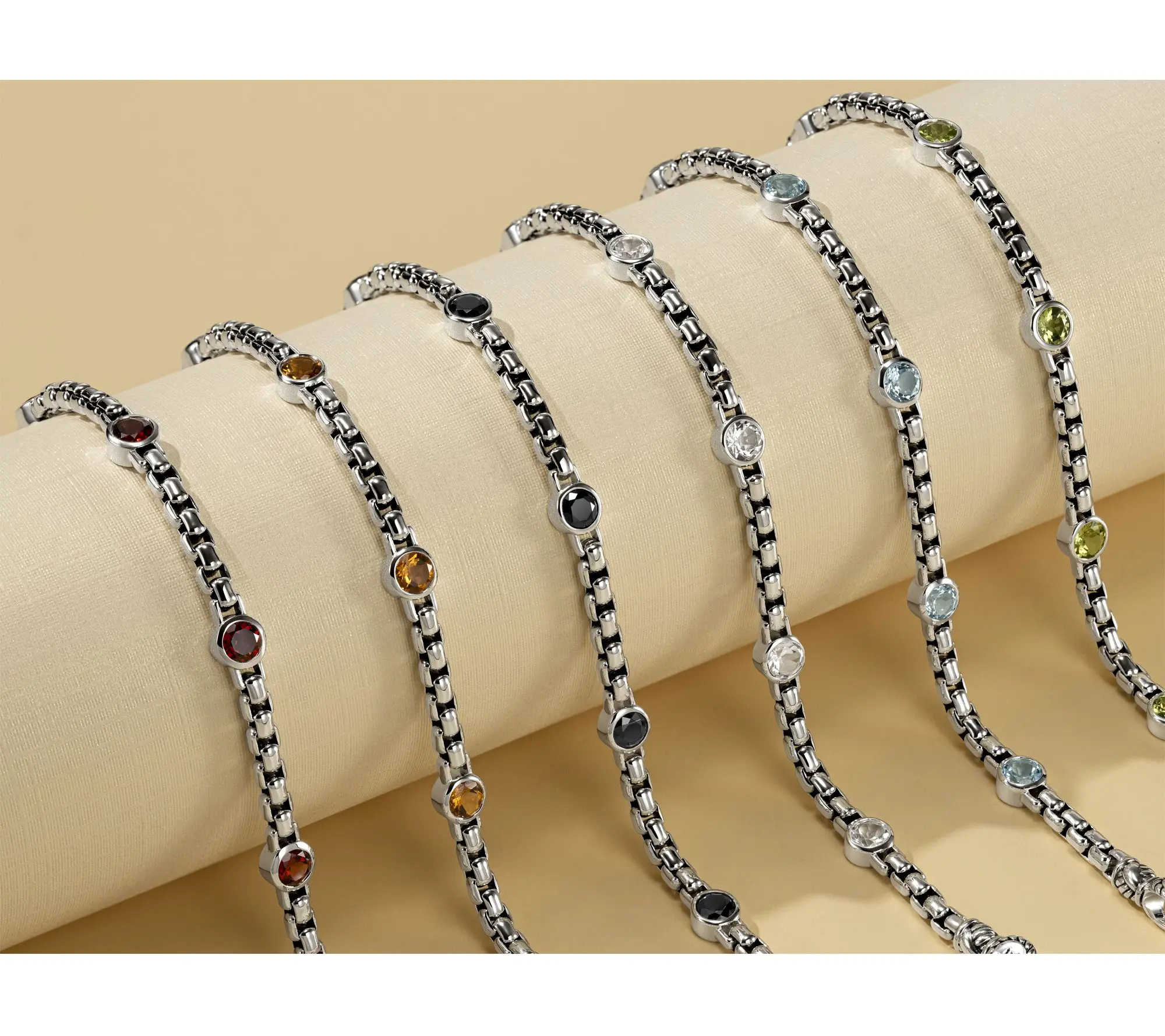 Jai Sterling Silver 3.7mm Box Chain Gemstone Bracelet Jai Sterling Silver 3.7mm Box Chain Gemstone Bracelet