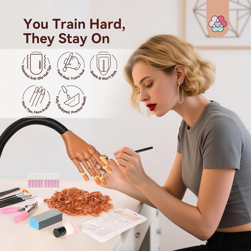 Practice Hand for Acrylic Nails, Flexible Moveable Fake Hands, Manicure Trainng Hand Nail Kit for Beginners, Movable Nail Maniquin Hand with 200PCS Nail Tips, Nail Glues, Brush and Clipper