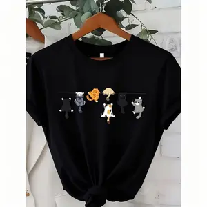 Cute Cat Print Round Neck Short Sleeve Casual T-Shirt