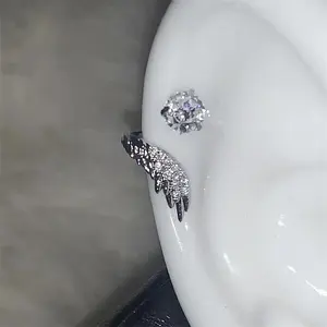 1pcs Silver Color Wing 316L Stainless Steel Ear Bone Nail for Women New Fashion Full of Rhinestone Earrings Accessories for Ear