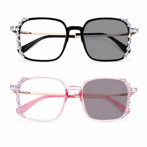 Photochromic Reading Glasses, Rhinestone Square Frame Readers, Clear Indoor & Tinted Outdoor Lenses, Lightweight Daily Eyewear, 2-Color Fashion Eyewear for Outdoor Fun