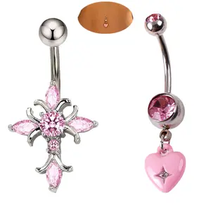 2PCS 14G Belly Piercing Jewelry Set,316L Stainless Steel Floating Navel Belly Piercing for Women,Cross Shaped Belly Ring Kit Pink Peach Heart Belly Button Ring