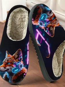 Cyberpunk Fox Cotton Slippers, Plush Lined Anti-Slip Thick Sole, Casual Home Footwear for Fall & Winter, Warm Cyberpunk Enthusiasts Shoes