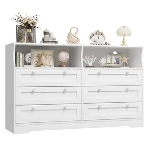Modern 6 Drawer Dresser with LED Lights & Power Outlet - 55" Wide Wooden Entryway Storage Cabinet & TV Stand - Spacious Organizer for Bedroom, Living Room, Hallway