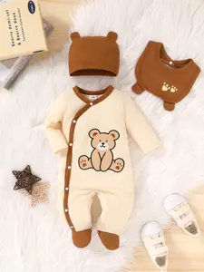 3-piece Set, Baby Jumpsuit, Boy's Clothing, Autumn Clothing Casual, Cute, Soft And Comfortable, Cartoon Bear Pattern Plush Embroidery Diagonal Button Contrasting Jumpsuit, 3D Shaped Hat And Bib, Suitable For Daily Use, Vacation, And Photography