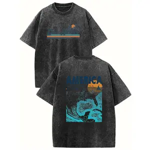 Holafish Acid Washed Shirt Gulf of America Print Casual Graphic Tee Half Short Sleeves Crew Neck Summer Comfortable Cotton Top for Women - Fit