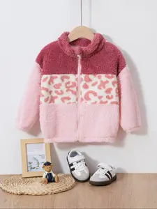 Girls' Leopard Print Zipper Fleece Jacket, Fall & Winter Fashion, Soft Warm Cute Casual Top for Ages 3-8, Casual Comfy Jacket