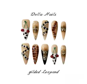 100% Handmade 3D Long Almond Press-On Nails, Reusable Fake Nails with French Tip, Leopard Print & Cherry Design, Luxury Gold Bead Charms, Gothic & Edgy Baddie Y2K Nails, Old Money Aesthetic Vacation Nails, Salon-Quality Manicure for Daily Wear & Occasions