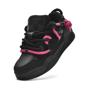Trendy skateboard shoes for men and women, non-slip and versatile thick-soled flat sneakers suitable for outdoor skateboarding, street fashion, and fitness. Men's colorful shoelaces, comfortable sneakers, up low top chunky sneaker black  trainers