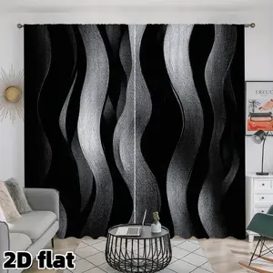 2D Flat 2Pcs Modern Wave Pattern Curtains Semi Sunshade Polyester Fabric Rod Pocket Design Black Silver Abstract Striped Window Treatment Panels for Living Room Bedroom Kitchen Home Decor Privacy Protection Home Decoration Curtain