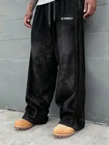 Men's Young Street Style Cotton Sport Pants, Loose Fit Wide Leg Design, Simple Letter Embroidery, Casual Fashion Joggers, High Leg Bottoms, Baggy Jogging Pants