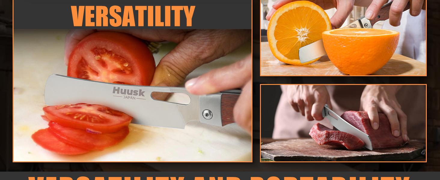 Huusk Folding Nakiri Knife with 440C Stainless Steel Blade, Wood Handle, Portable Kitchen Knife for BBQ, Outdoor ，BlackFriday  Christmas Gift