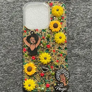 iPhone 15 Pro Case with Sunflower Design and Black Girl Magic Motif Cellphone Cover
