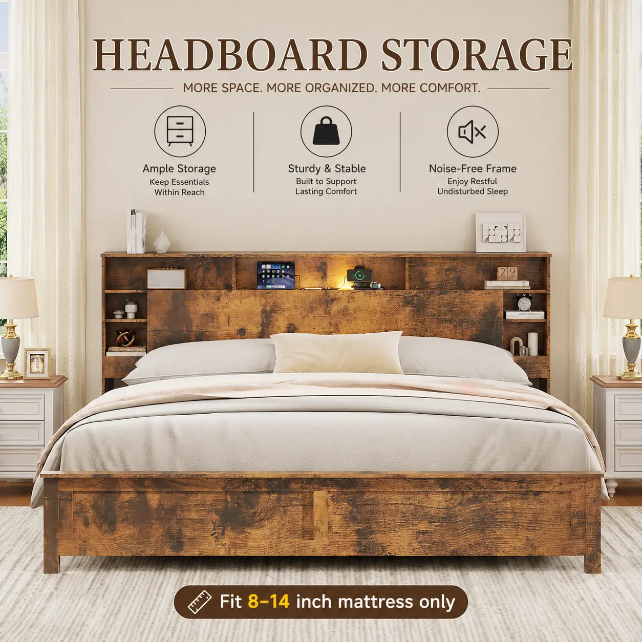 【Headboard Storage】FANSACE Dark Brown Full/Queen/King Size Wooden Bed Frame with Storage Headboard, Charging Hub, LED Lights, Multi-Level Wooden Slats, Noise-Free, No Box Spring Needed (Bed Frames for Full/Queen/King)