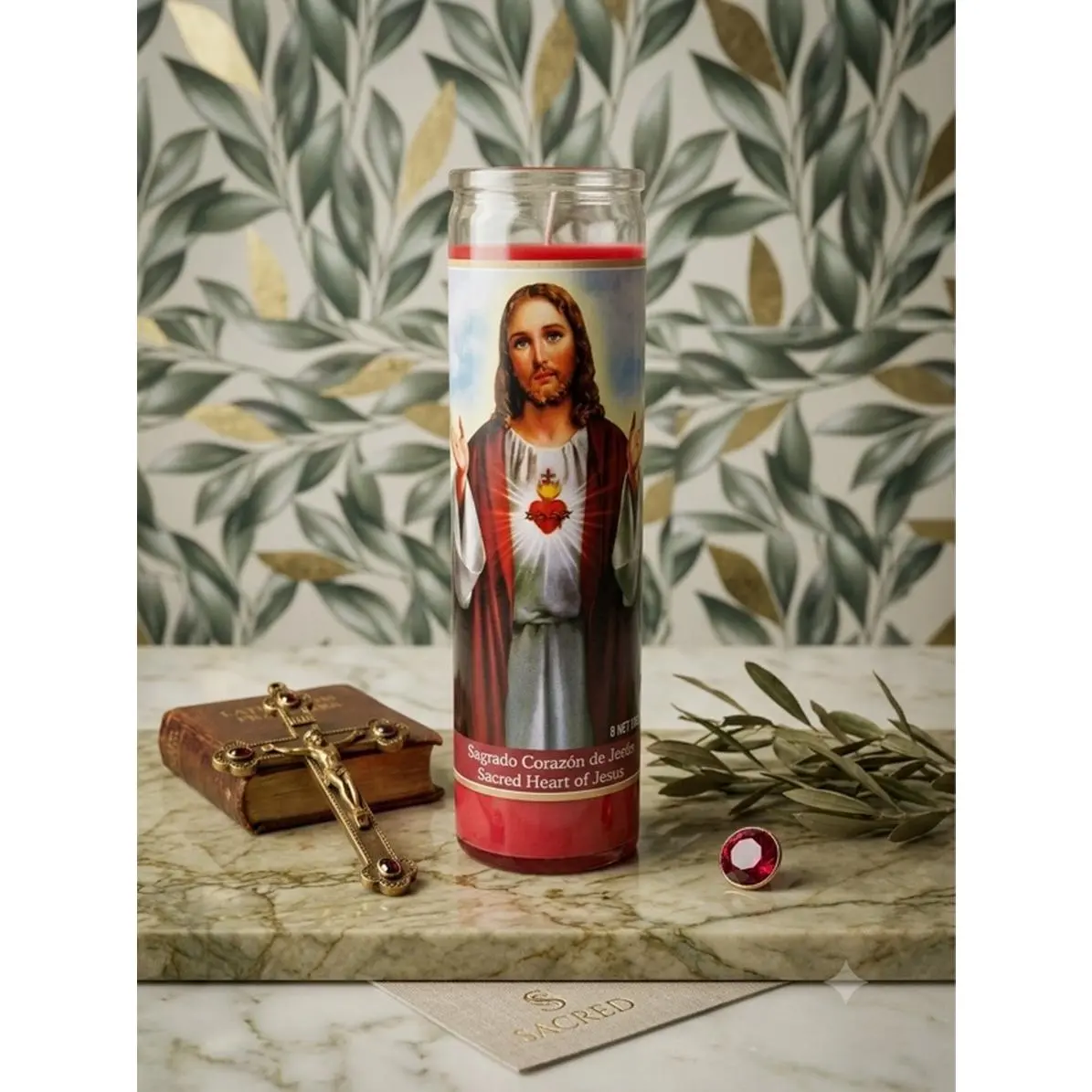 Sacred  Heart of Jesus’s Prayer Candle - Red Base, Depicts Jesus with Sacred Heart, Ideal for Devotional Use